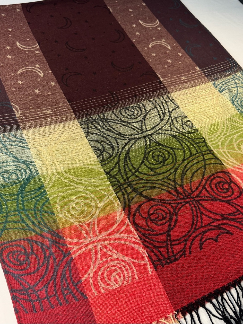 RIKKA Multicolor Patchwork Scarf Wrap Celestial Moons Stars Roses Fringe